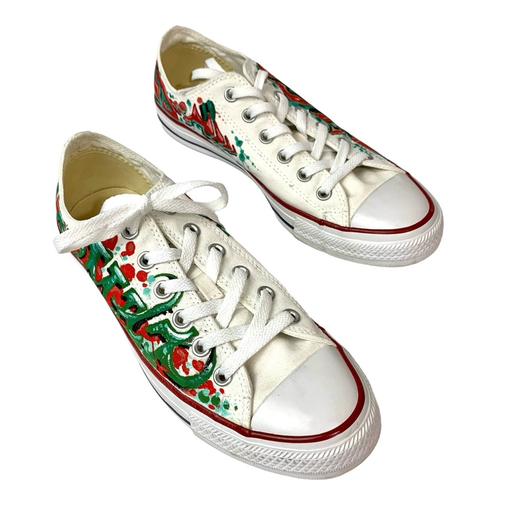 Converse All Star Hand Painted Low Top Sneakers Womens Sz 10 White Lace Up Shoes